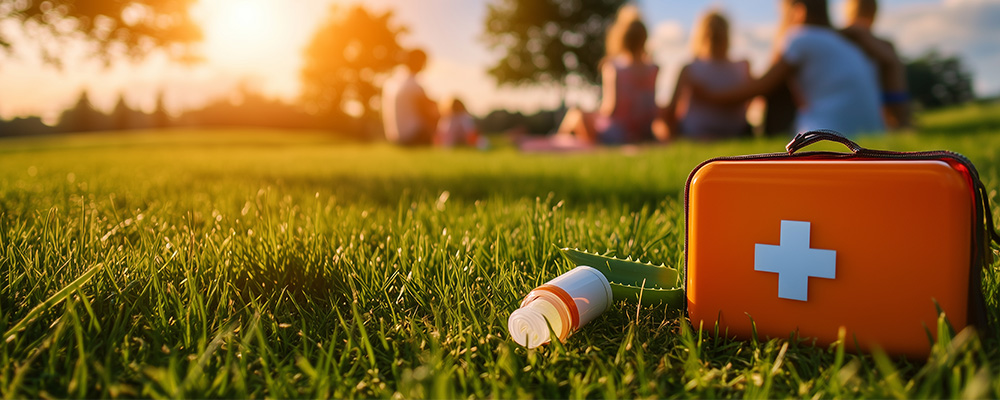 A group of people at a park, with a first aid kit in focus.
