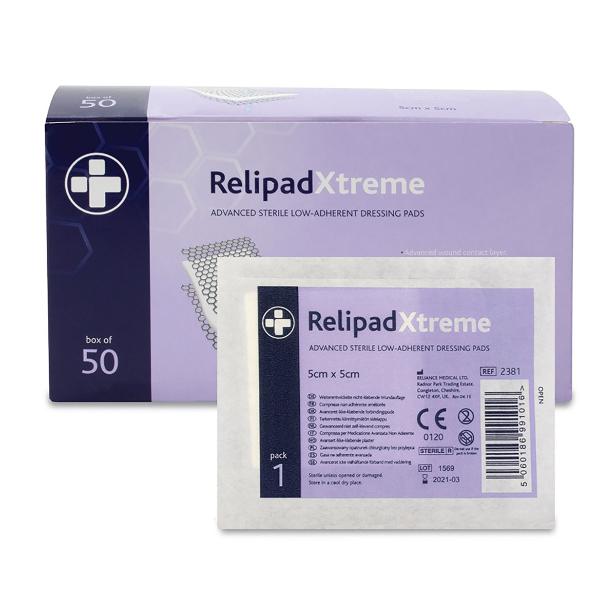 Box of 50 5cm x 5cm Relipadxtreme Non-Adherent Dressing Pads